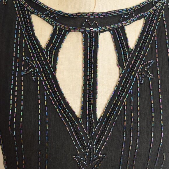 vintage 80s flapper dress black silk sequin beaded cutout cocktail party prom XS - Picture 4 of 10
